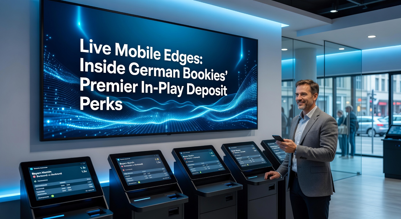 Smartphone mit Live-Wetten-App im Stadion, zeigt dynamische Quoten und Einzahlungsoptionen während eines Fußballspiels